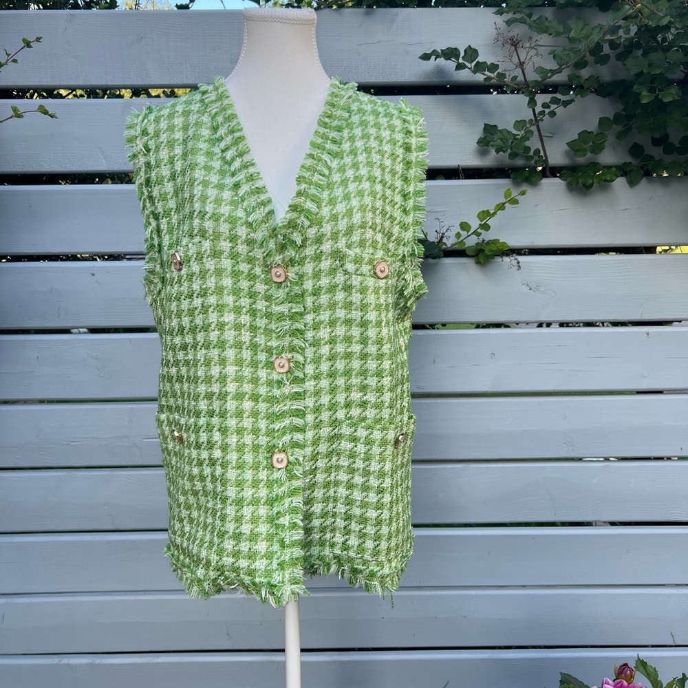 MANGO Classy Feminine Green Tweed Houndstooth 2-Way (as Vest and Top)